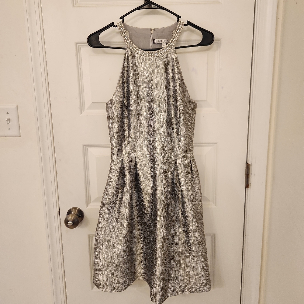 Jennifer Lopez Dress Size 4 Gray Halter Fit Flare Zip Up‎ Pearls Beaded #AA1070
